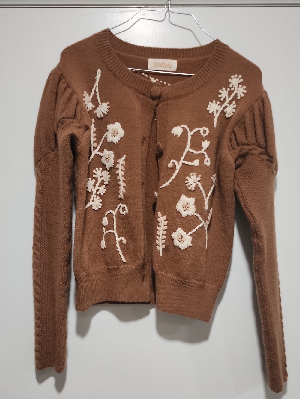Listicle Brown Cardigan with White Floral Embroidery
